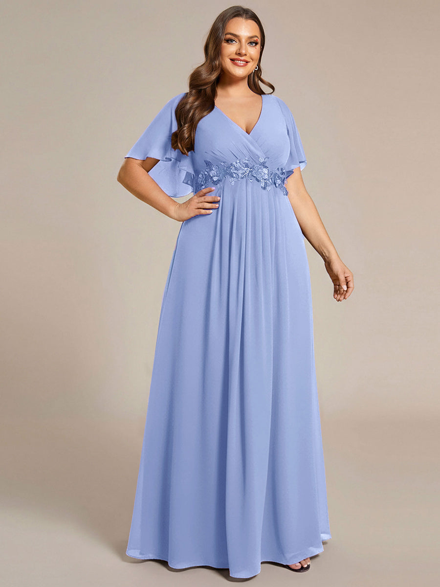 Funkelndes Abendkleid in A-Linie mit Empire-Taille und langen ?rmeln #farbe_Kornblumenblau
