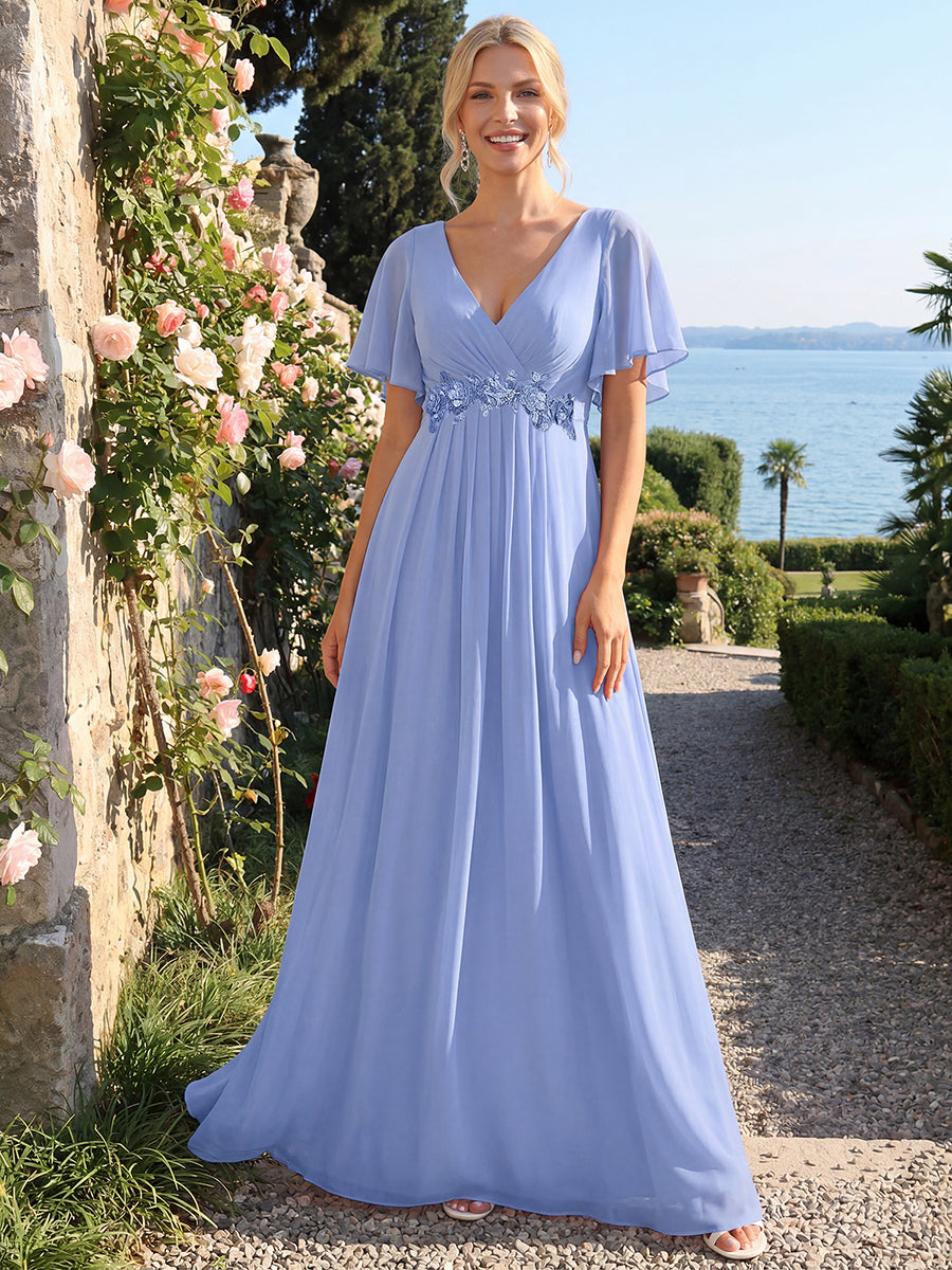 Funkelndes Abendkleid in A-Linie mit Empire-Taille und langen ?rmeln #farbe_Kornblumenblau