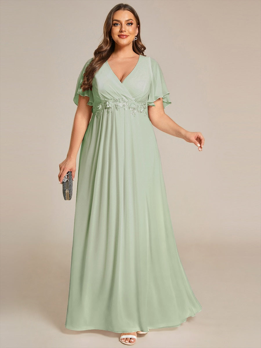 Funkelndes Abendkleid in A-Linie mit Empire-Taille und langen ?rmeln #farbe_Mintgrün