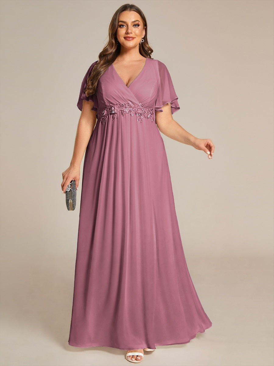 Funkelndes Abendkleid in A-Linie mit Empire-Taille und langen ?rmeln #farbe_Orchideenviolett