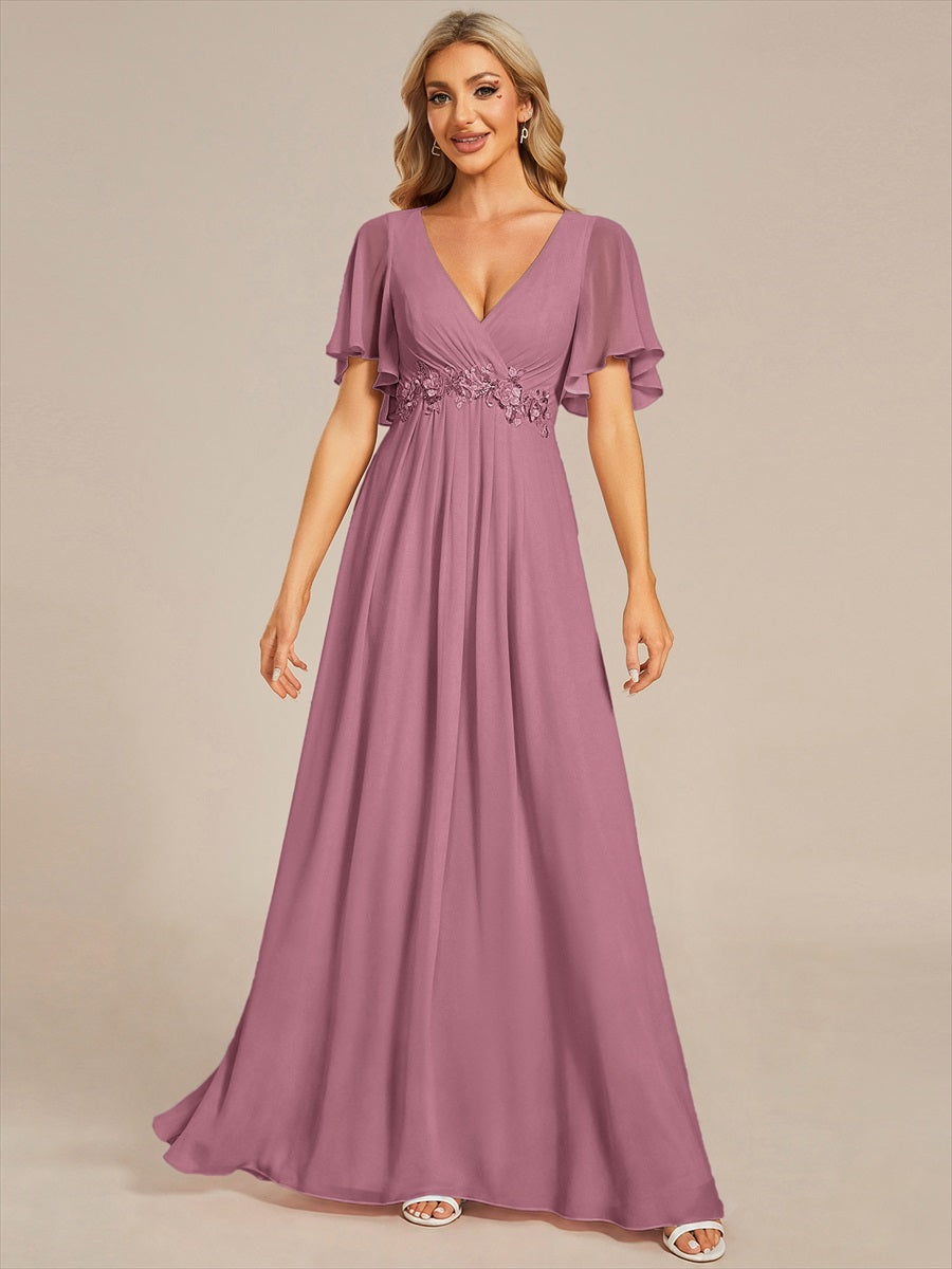 Funkelndes Abendkleid in A-Linie mit Empire-Taille und langen ?rmeln #farbe_Orchideenviolett