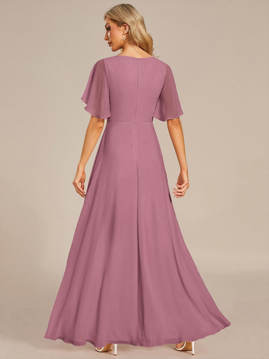 Funkelndes Abendkleid in A-Linie mit Empire-Taille und langen ?rmeln #farbe_Orchideenviolett