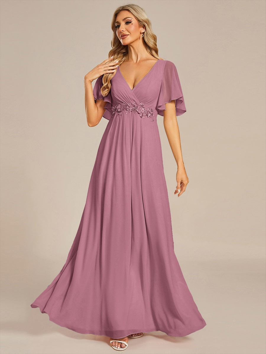 Funkelndes Abendkleid in A-Linie mit Empire-Taille und langen ?rmeln #farbe_Orchideenviolett