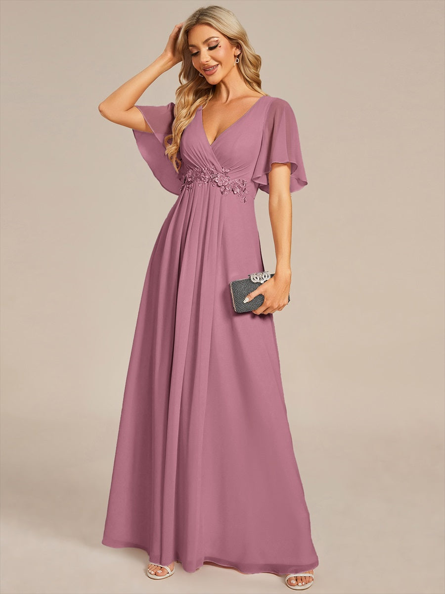 Funkelndes Abendkleid in A-Linie mit Empire-Taille und langen ?rmeln #farbe_Orchideenviolett