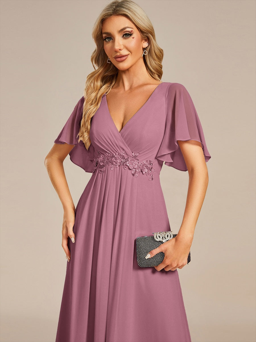 Funkelndes Abendkleid in A-Linie mit Empire-Taille und langen ?rmeln #farbe_Orchideenviolett