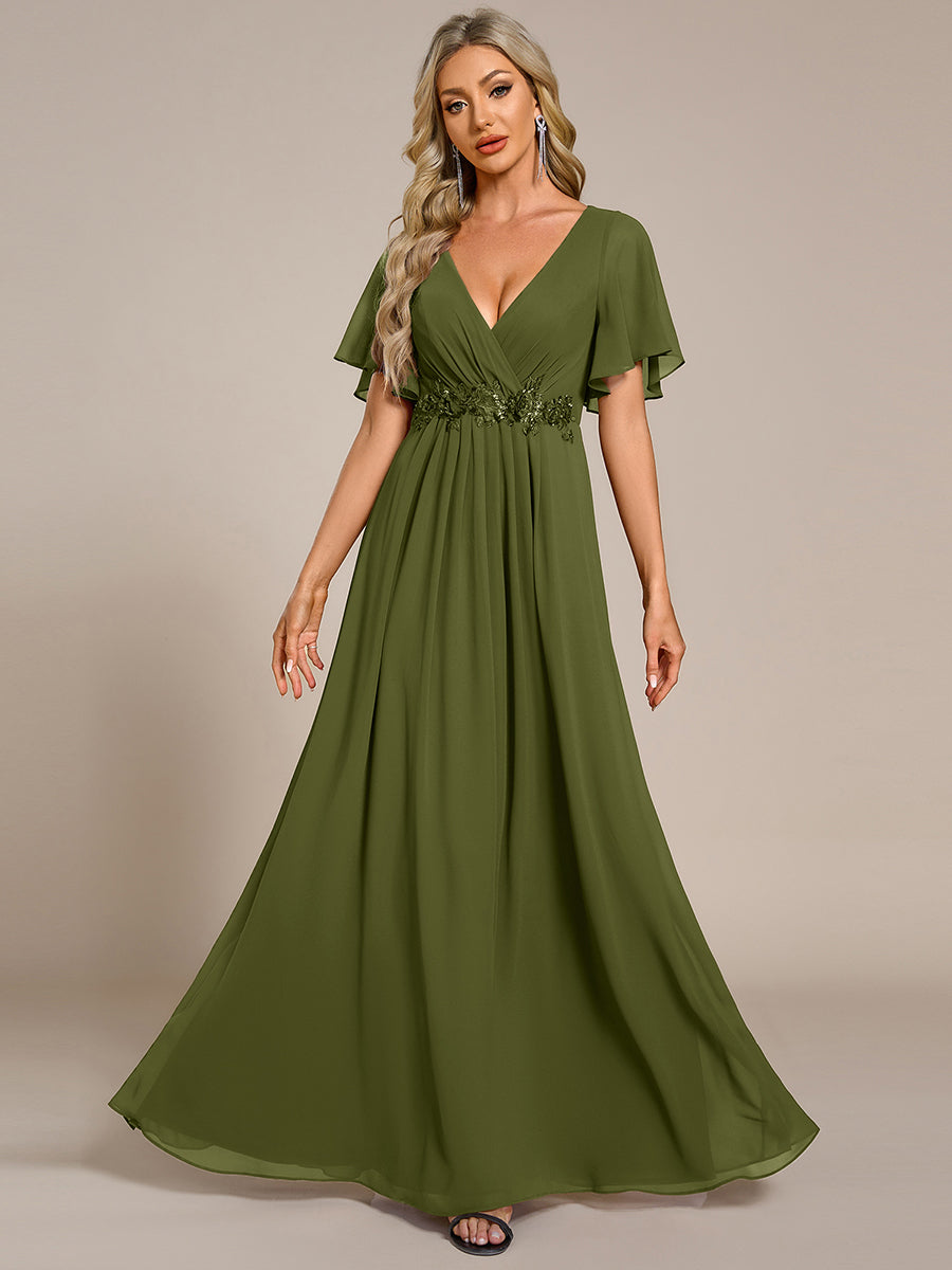 Funkelndes Abendkleid in A-Linie mit Empire-Taille und langen ?rmeln #farbe_Olivgrün