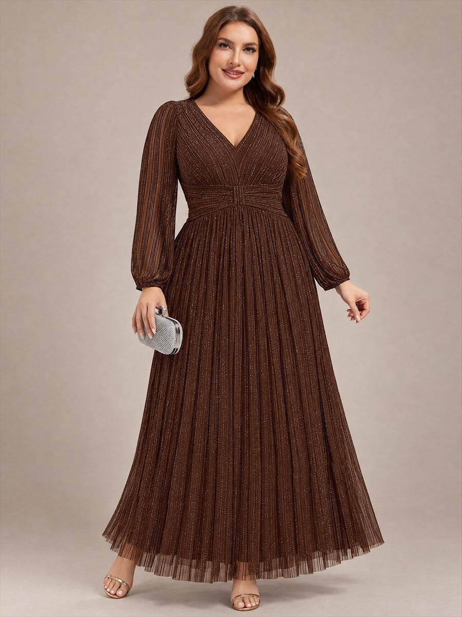Funkelndes Abendkleid in A-Linie mit Empire-Taille und langen Ärmeln #Farbe_Schokoladenbraun