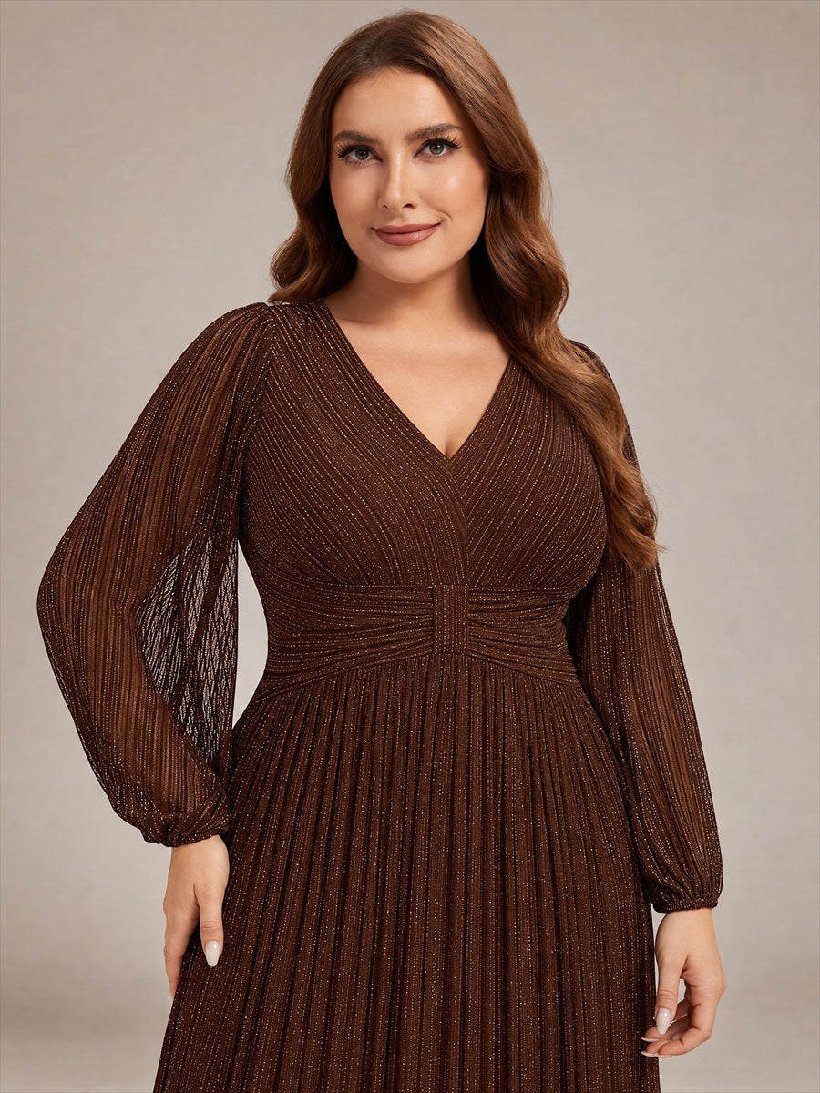 Funkelndes Abendkleid in A-Linie mit Empire-Taille und langen Ärmeln #Farbe_Schokoladenbraun