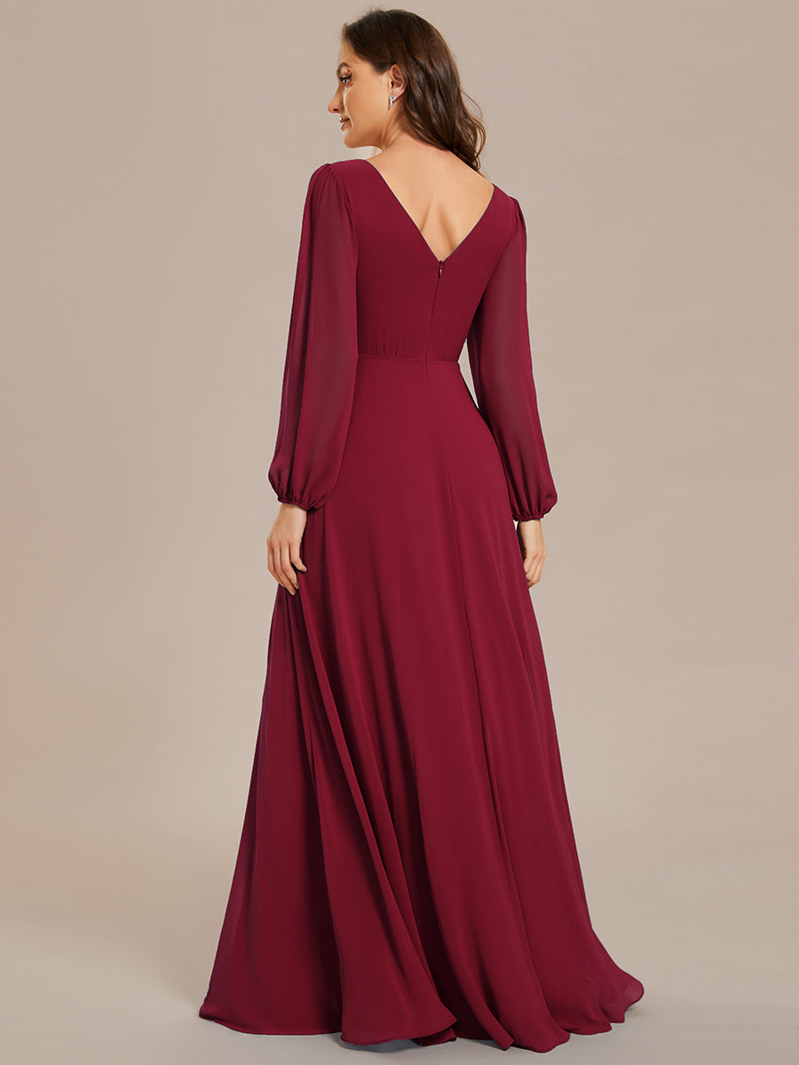 Funkelndes Abendkleid in A-Linie mit Empire-Taille und langen ?rmeln #farbe_Burgunderrot