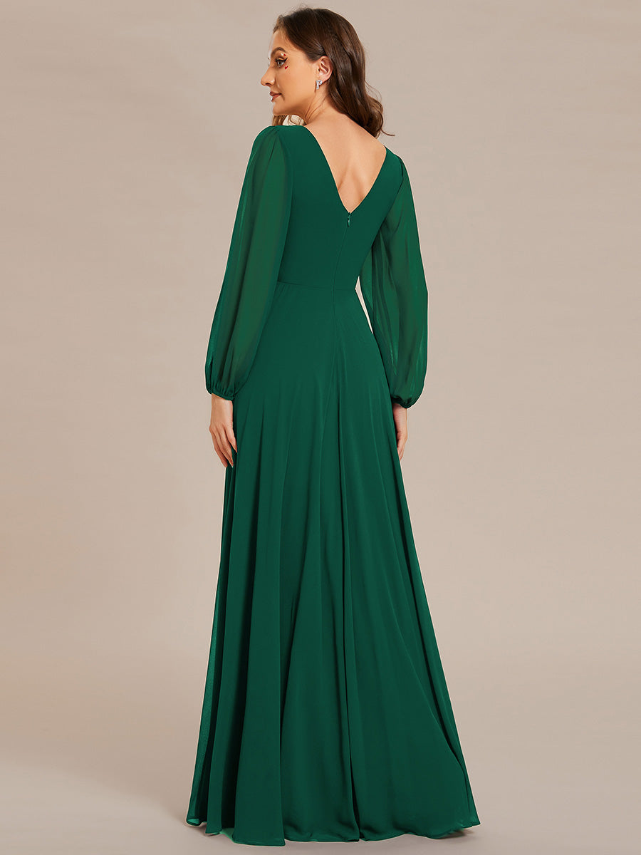 Funkelndes Abendkleid in A-Linie mit Empire-Taille und langen ?rmeln #farbe_Dunkelgrün