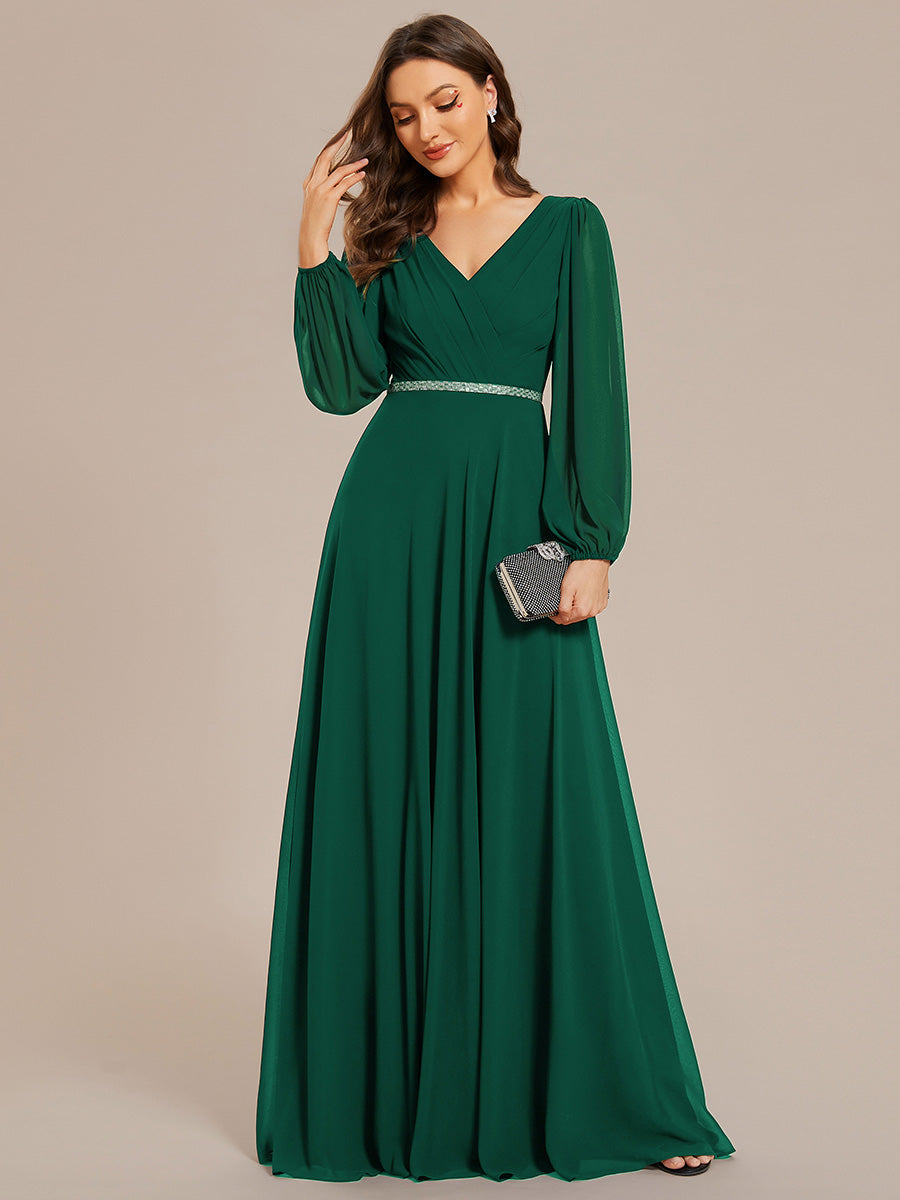 Funkelndes Abendkleid in A-Linie mit Empire-Taille und langen ?rmeln #farbe_Dunkelgrün