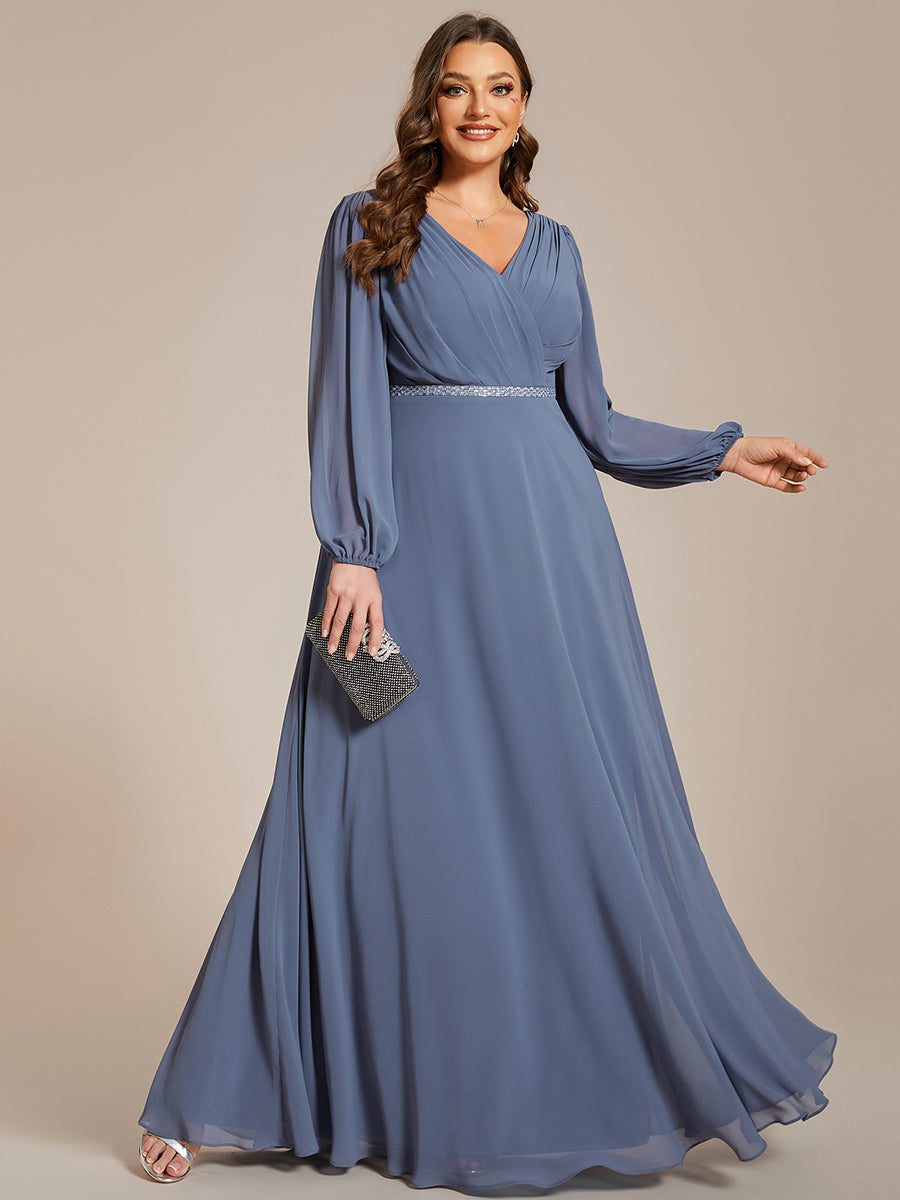 Funkelndes Abendkleid in A-Linie mit Empire-Taille und langen ?rmeln #farbe_Taubenblau
