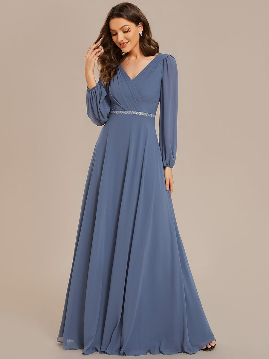 Funkelndes Abendkleid in A-Linie mit Empire-Taille und langen ?rmeln #farbe_Taubenblau