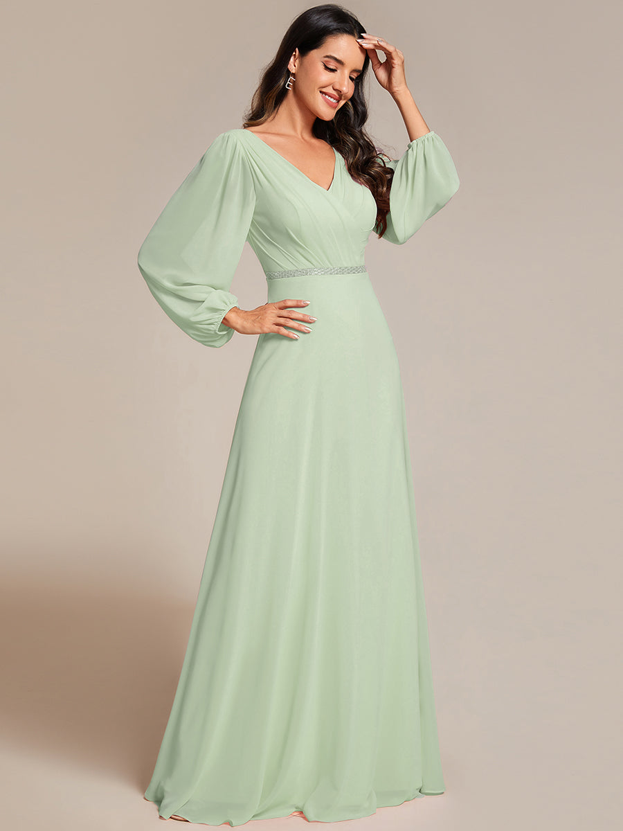 Funkelndes Abendkleid in A-Linie mit Empire-Taille und langen ?rmeln #farbe_Mintgrün