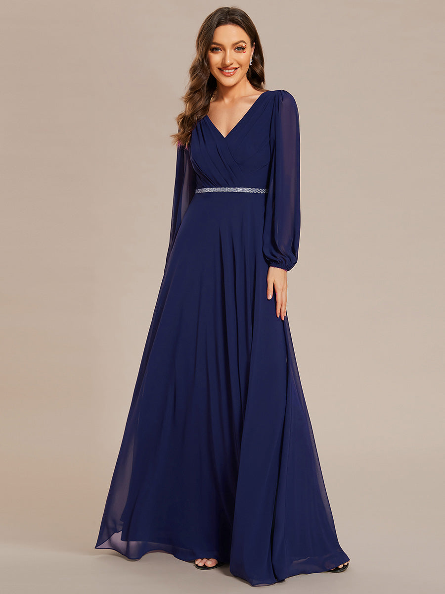 Funkelndes Abendkleid in A-Linie mit Empire-Taille und langen ?rmeln #farbe_Marineblau