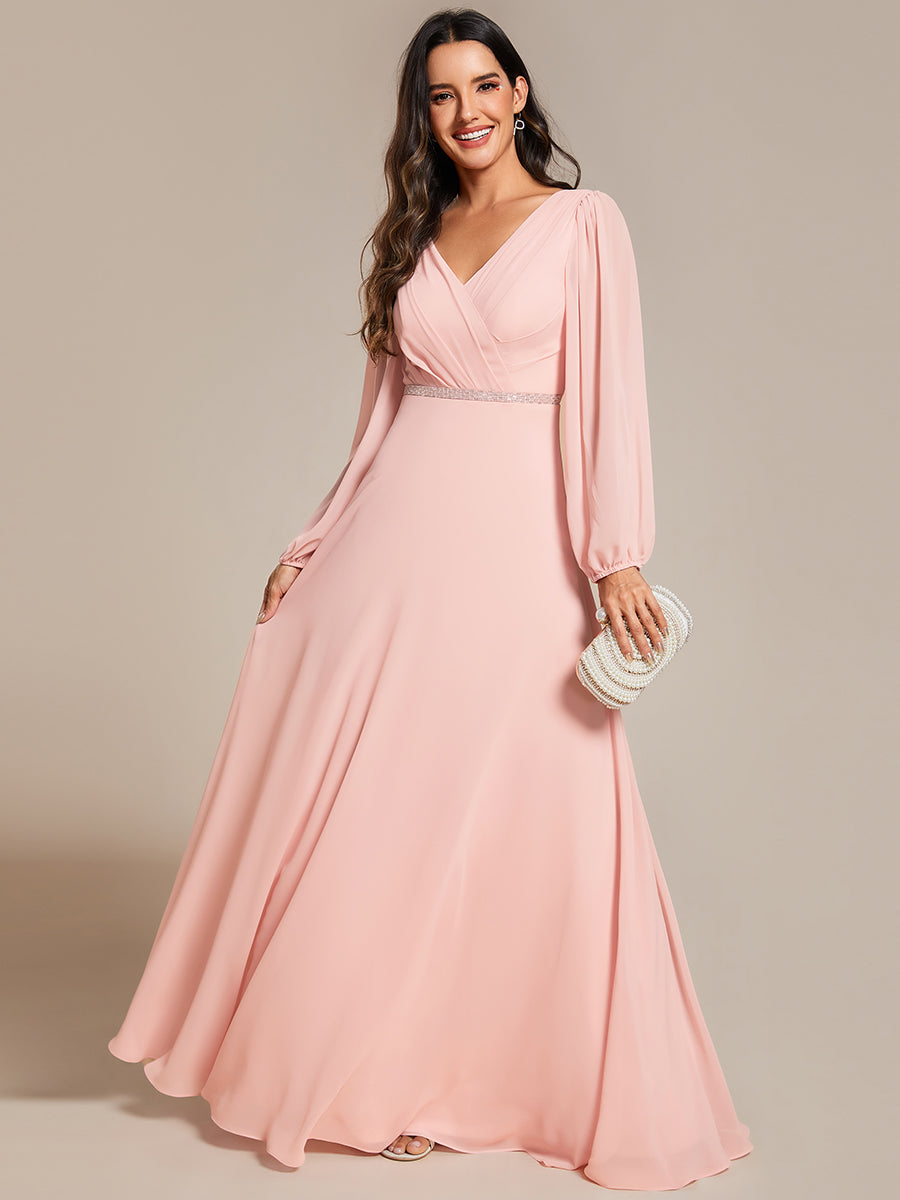 Funkelndes Abendkleid in A-Linie mit Empire-Taille und langen ?rmeln #farbe_Pink