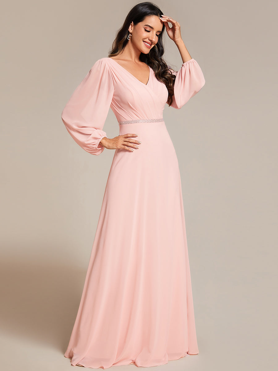 Funkelndes Abendkleid in A-Linie mit Empire-Taille und langen ?rmeln #farbe_Pink