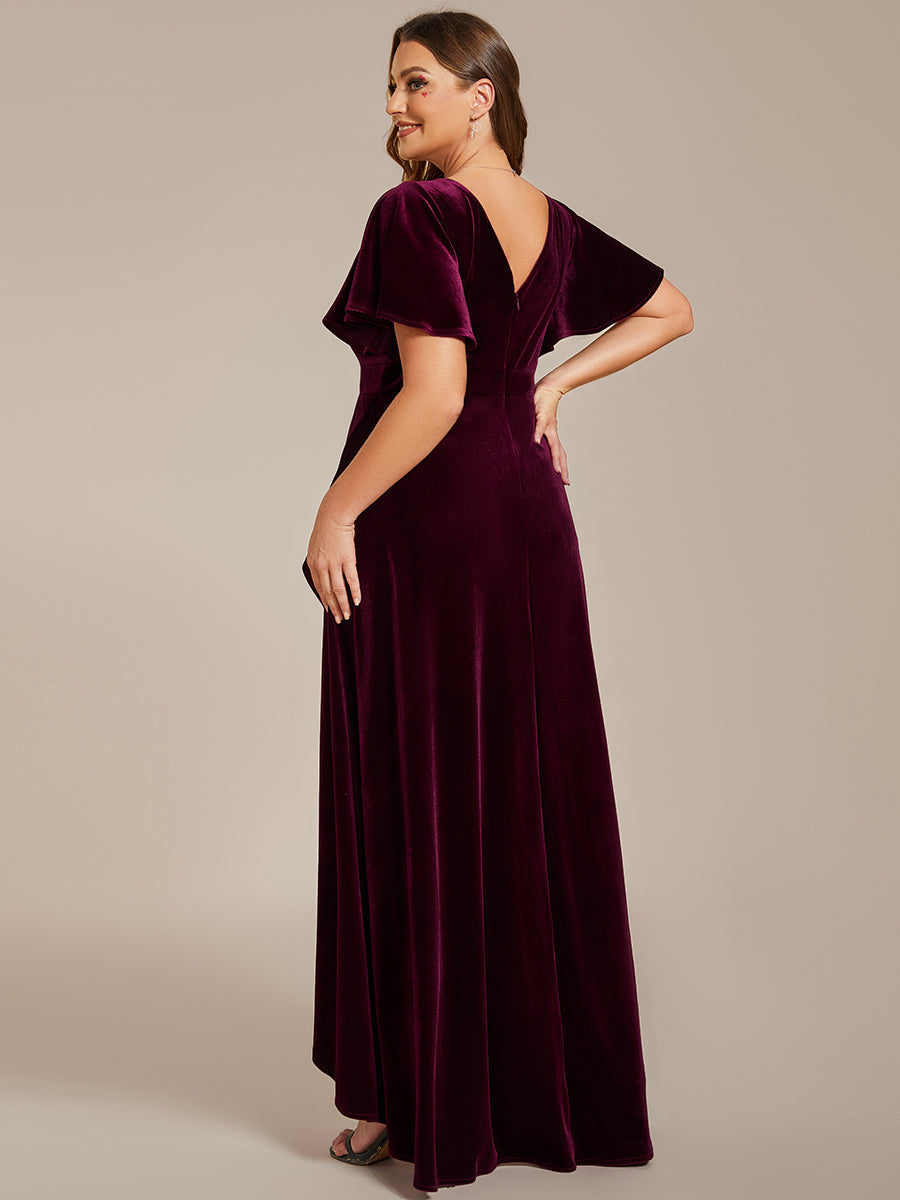 Hoch-Tief V-Ausschnitt A-Linie Samt Kleid Mit Rüschendetails #Farbe_Burgunderrot