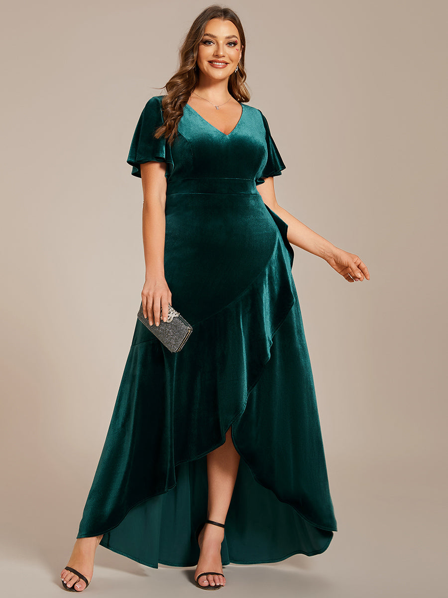 Hoch-Tief V-Ausschnitt A-Linie Samt Kleid Mit Rüschendetails #Farbe_Dunkelgrün