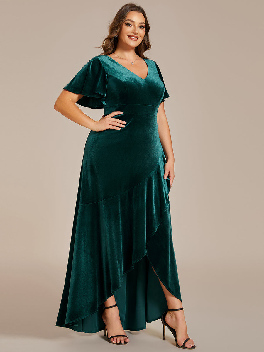 Hoch-Tief V-Ausschnitt A-Linie Samt Kleid Mit Rüschendetails #Farbe_Dunkelgrün