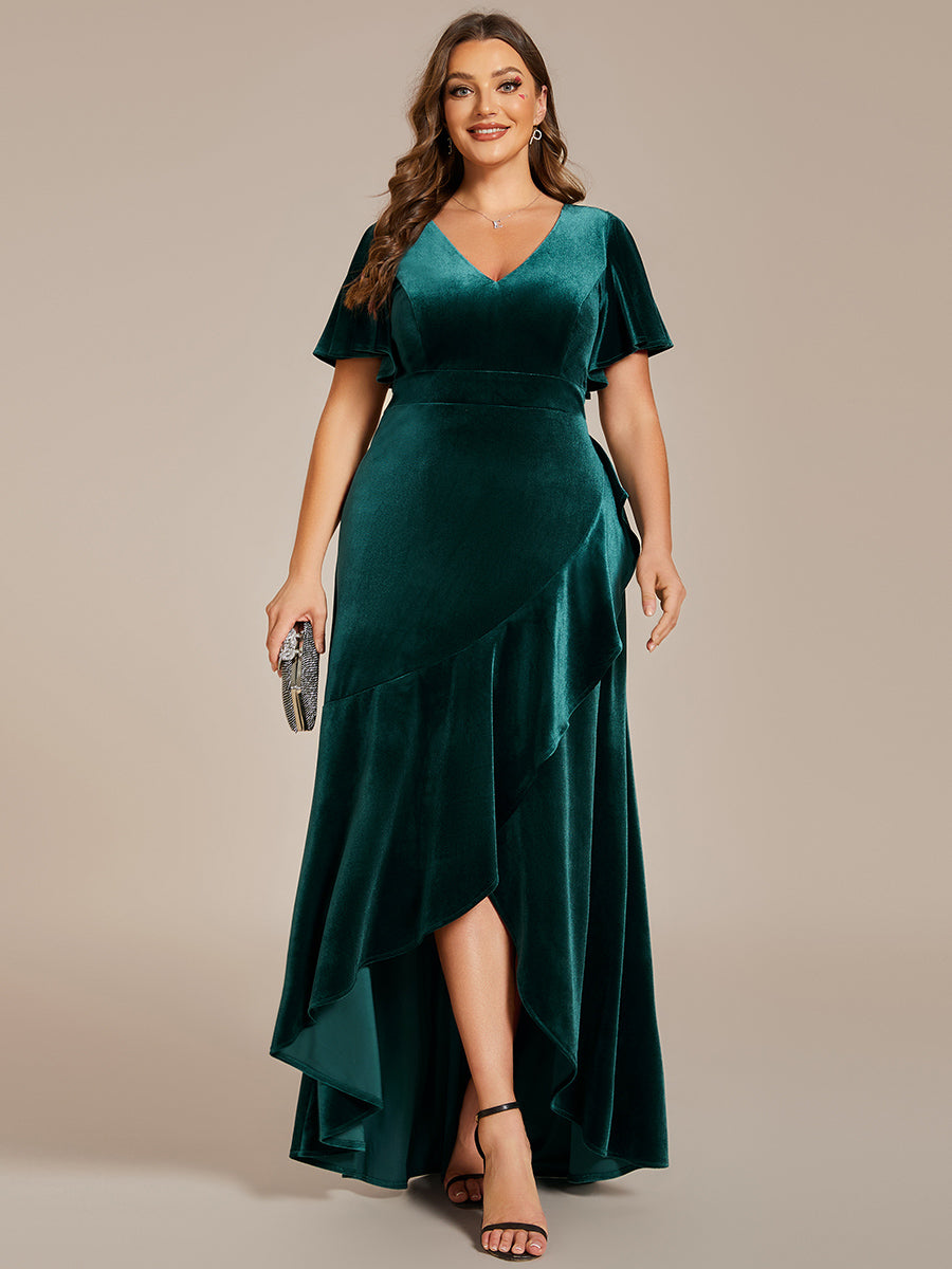 Hoch-Tief V-Ausschnitt A-Linie Samt Kleid Mit Rüschendetails #Farbe_Dunkelgrün