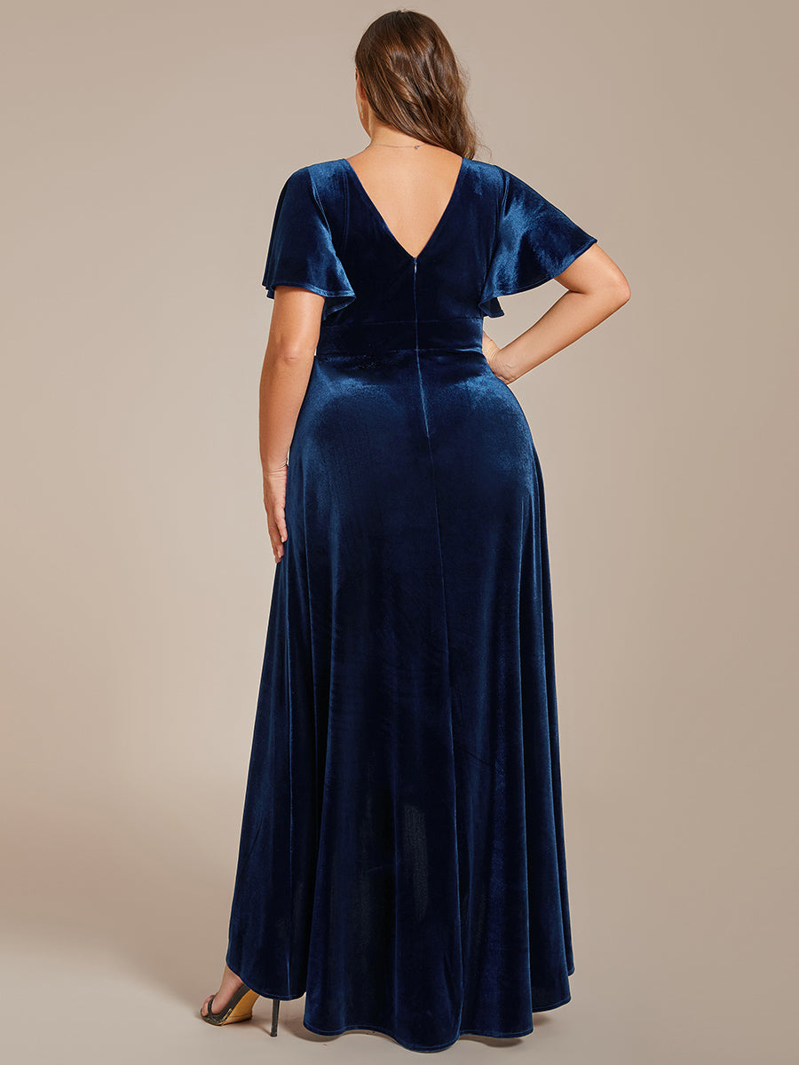 Hoch-Tief V-Ausschnitt A-Linie Samt Kleid Mit Rüschendetails #Farbe_Marineblau