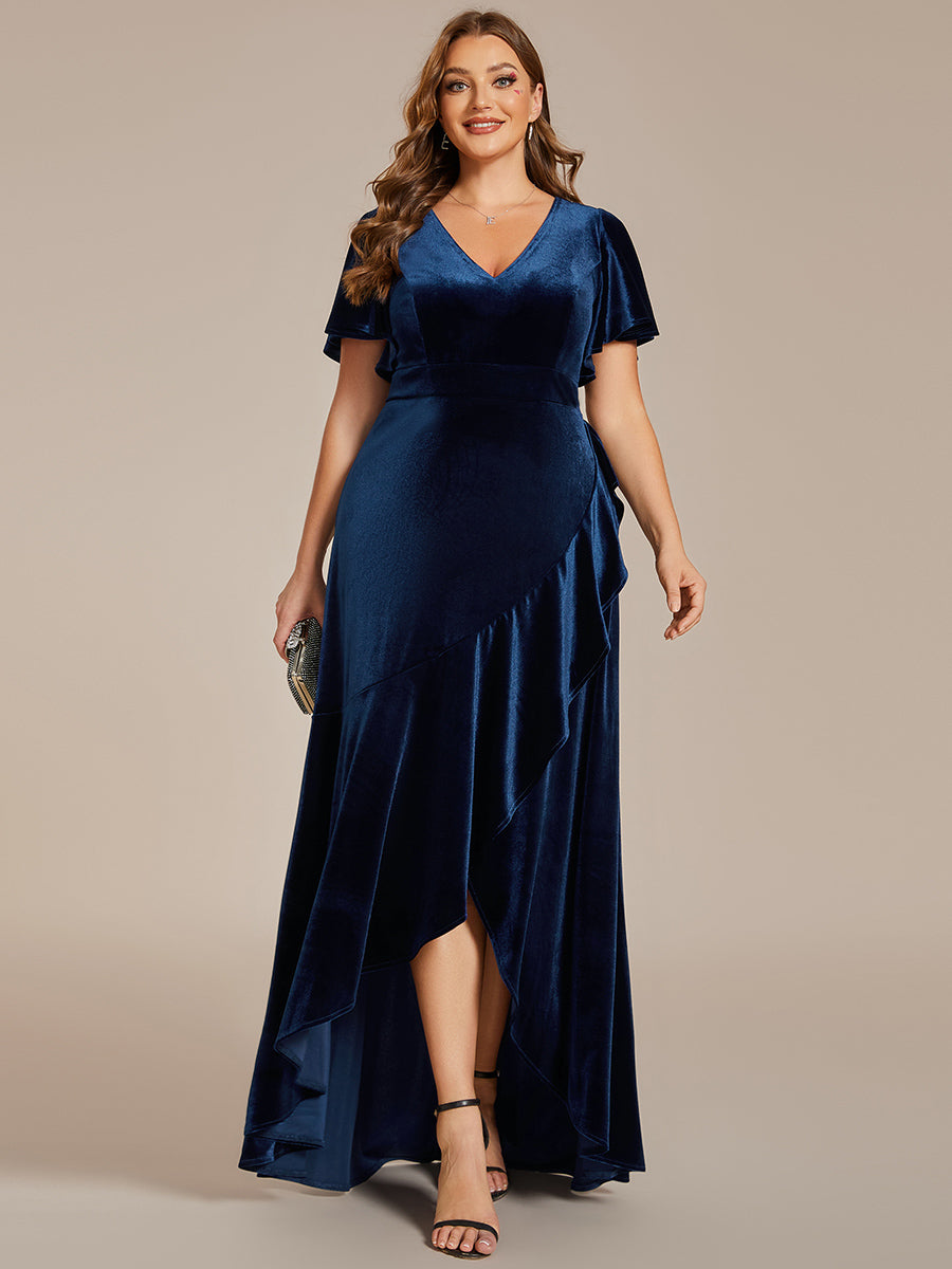 Hoch-Tief V-Ausschnitt A-Linie Samt Kleid Mit Rüschendetails #Farbe_Marineblau