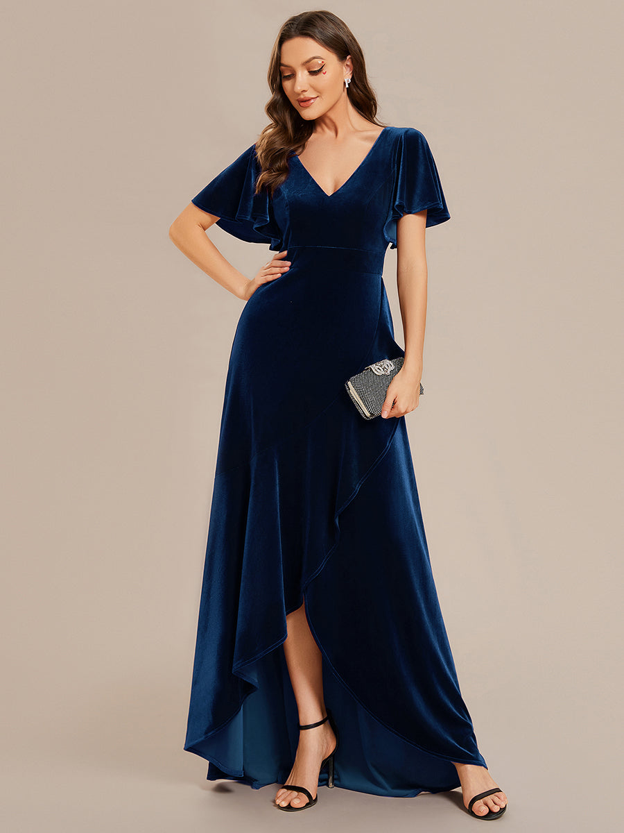 Hoch-Tief V-Ausschnitt A-Linie Samt Kleid Mit Rüschendetails #Farbe_Marineblau