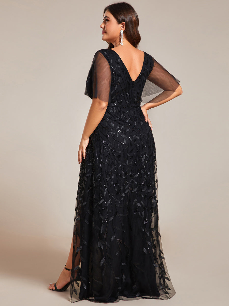 Maxilänge, V-Ausschnitt, asymmetrischer Saum, Pailletten-Kleid mit tiefem V-Ausschnitt und funkelnden Details #Farbe_Schwarz