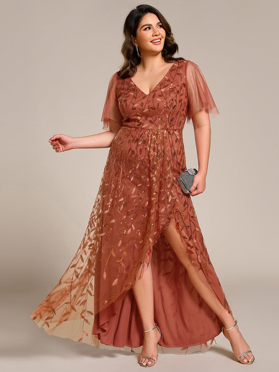 Maxilänge, V-Ausschnitt, asymmetrischer Saum, Pailletten-Kleid mit tiefem V-Ausschnitt und funkelnden Details #Farbe_Gebranntes Orange