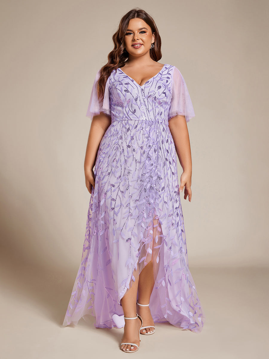Maxilänge, V-Ausschnitt, asymmetrischer Saum, Pailletten-Kleid mit tiefem V-Ausschnitt und funkelnden Details #Farbe_Lavendel