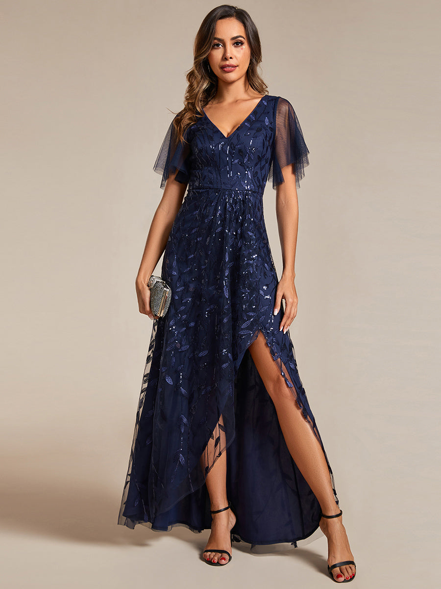 Maxilänge, V-Ausschnitt, asymmetrischer Saum, Pailletten-Kleid mit tiefem V-Ausschnitt und funkelnden Details#Farbe_Marineblau