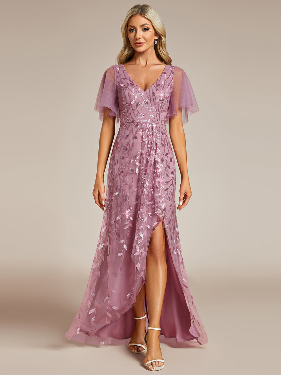 Maxilänge, V-Ausschnitt, asymmetrischer Saum, Pailletten-Kleid mit tiefem V-Ausschnitt und funkelnden Details#Farbe_Orchideenviolett