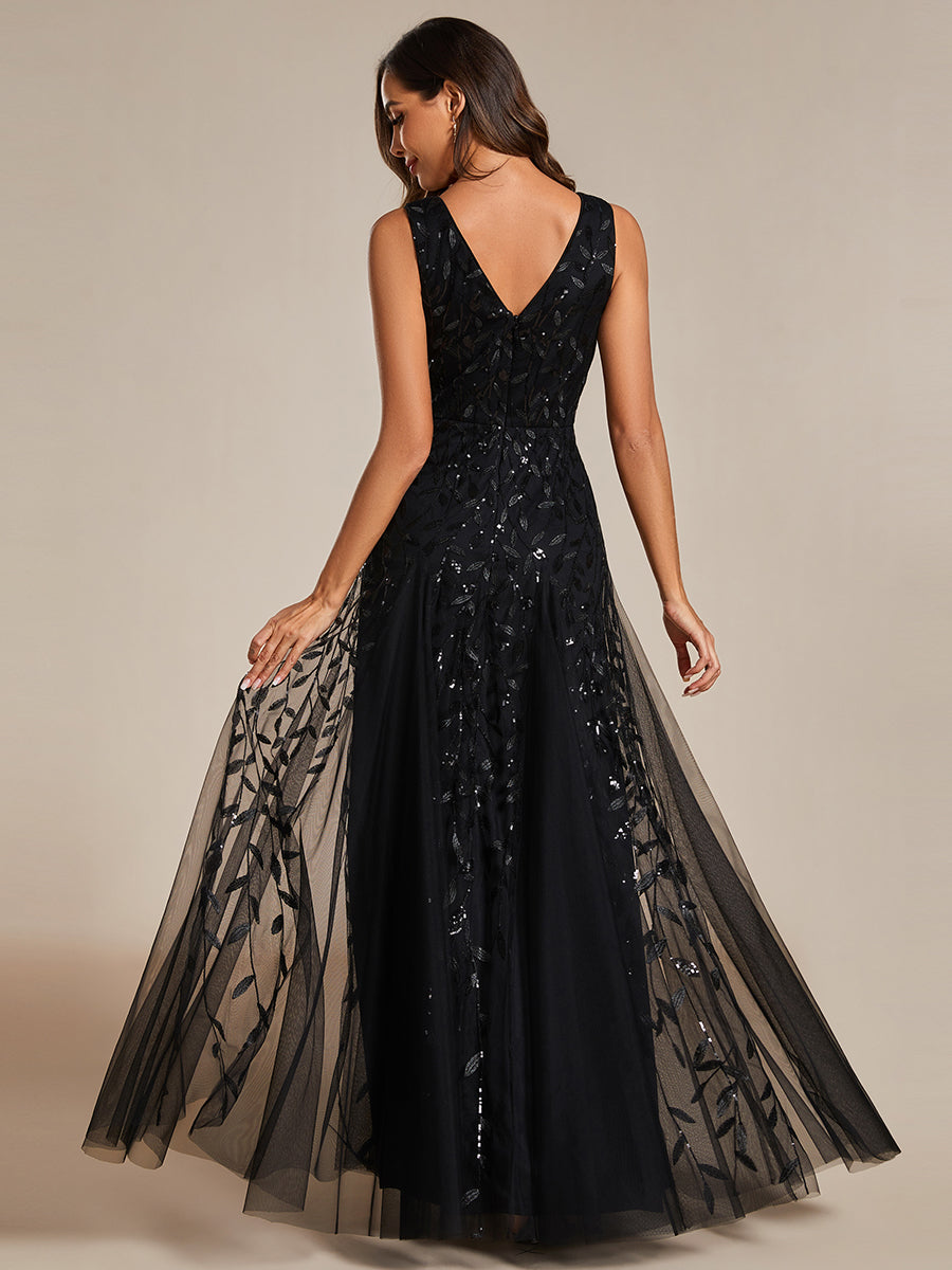 Funkelndes Abendkleid in A-Linie mit Empire-Taille und langen ?rmeln #farbe_Schwarz