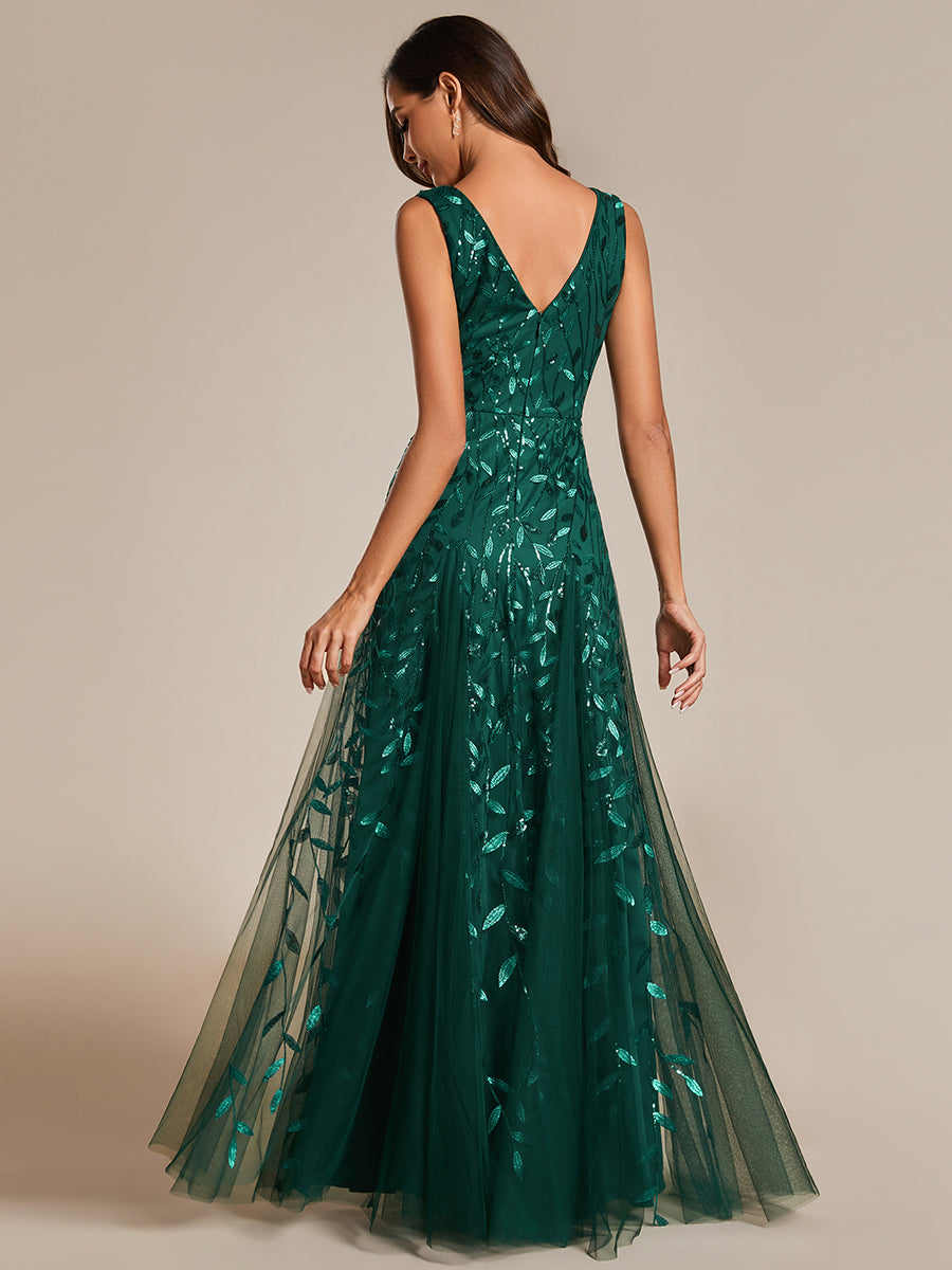 Funkelndes Abendkleid in A-Linie mit Empire-Taille und langen ?rmeln #farbe_Dunkelgrün