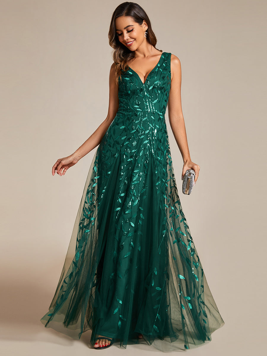 Funkelndes Abendkleid in A-Linie mit Empire-Taille und langen ?rmeln #farbe_Dunkelgrün