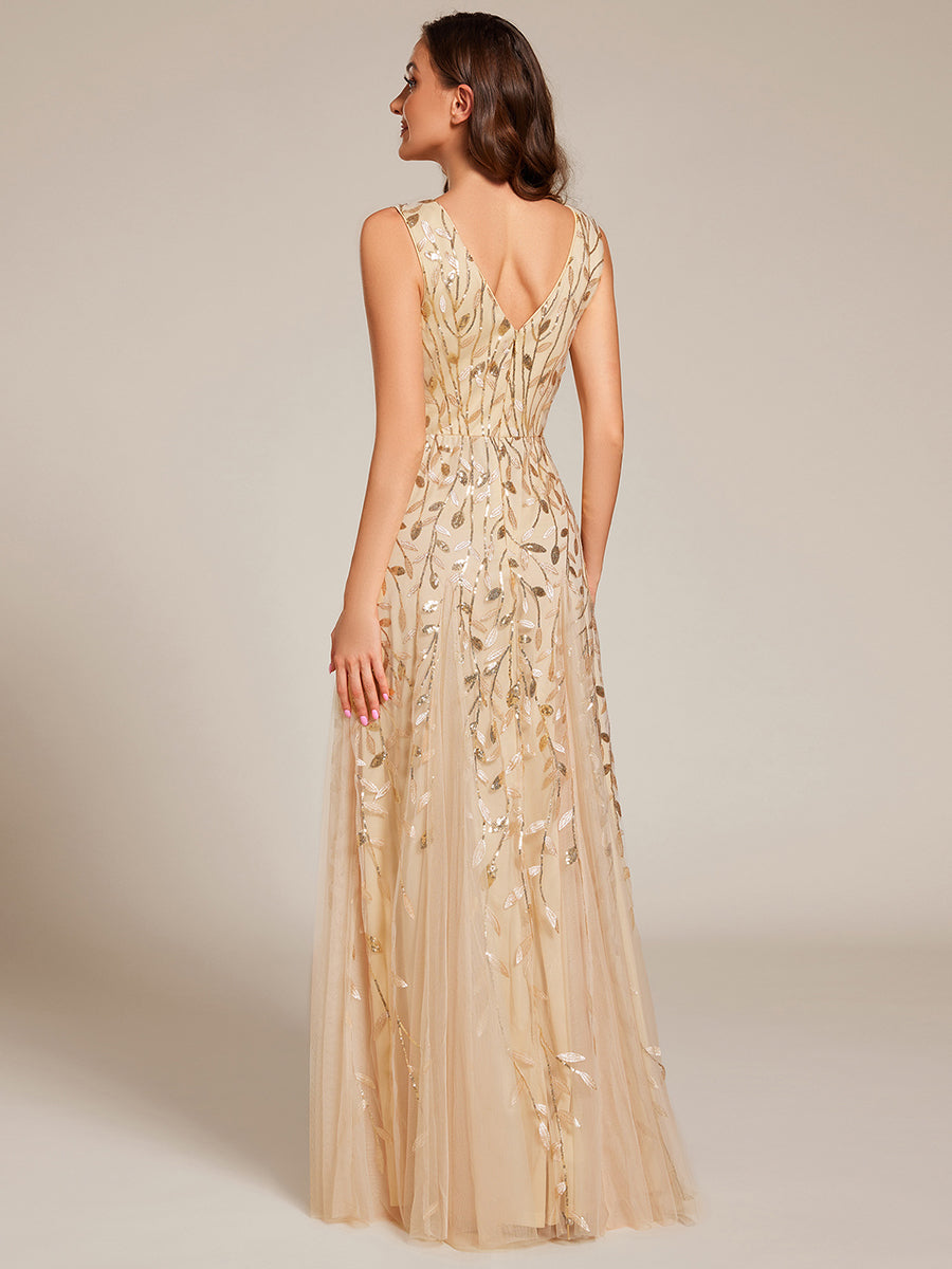 Funkelndes Abendkleid in A-Linie mit Empire-Taille und langen ?rmeln #farbe_Gold