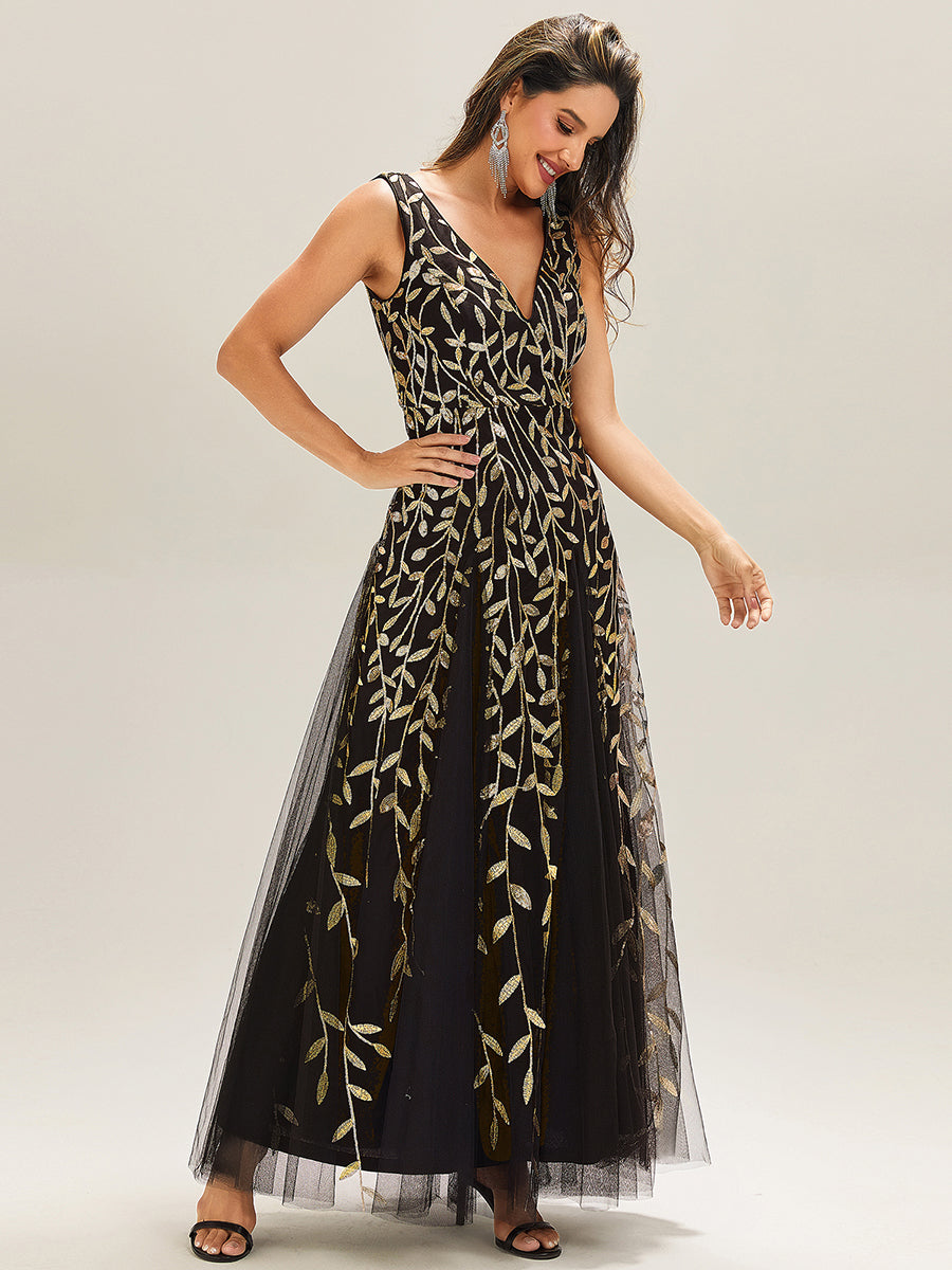 Funkelndes Abendkleid in A-Linie mit Empire-Taille und langen ?rmeln #farbe_Schwarz & Gold