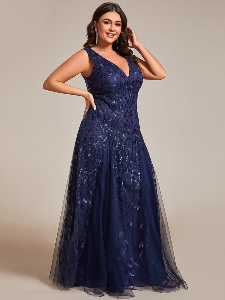 Funkelndes Abendkleid in A-Linie mit Empire-Taille und langen ?rmeln #farbe_Marineblau
