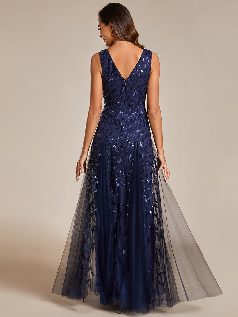 Funkelndes Abendkleid in A-Linie mit Empire-Taille und langen ?rmeln #farbe_Marineblau