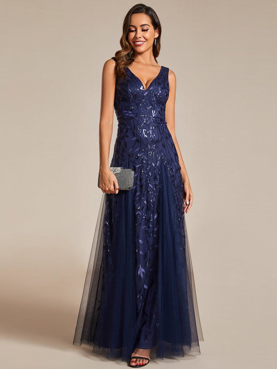 Funkelndes Abendkleid in A-Linie mit Empire-Taille und langen ?rmeln #farbe_Marineblau