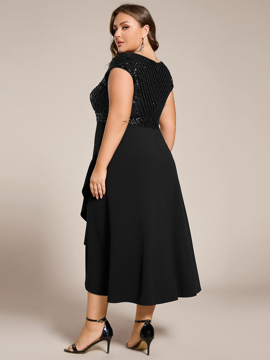 Hoch-Tief Pailletten Kleid Mit Tiefem V-Ausschnitt Und Asymmetrischem Saum Perfekt Für Partys Kleid #Farbe_Schwarz
