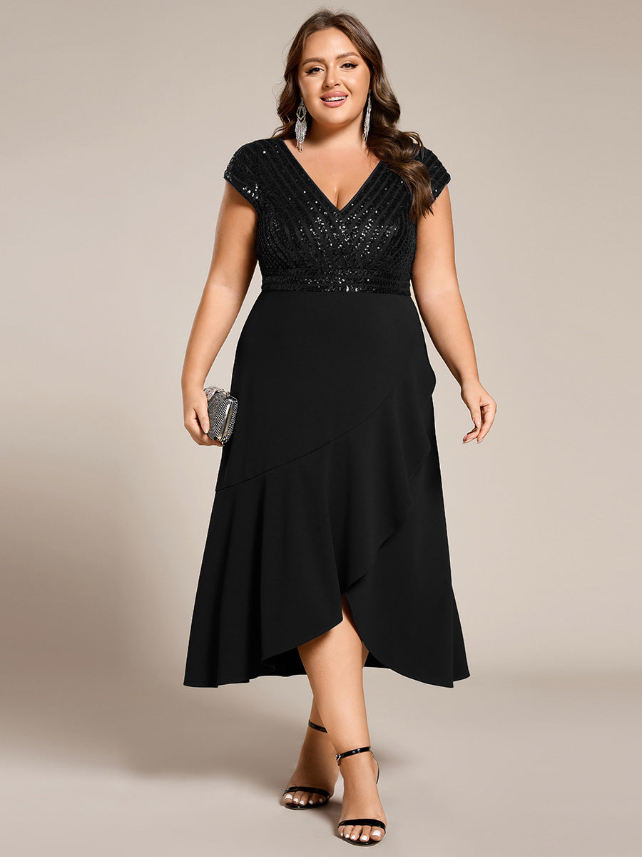 Hoch-Tief Pailletten Kleid Mit Tiefem V-Ausschnitt Und Asymmetrischem Saum Perfekt Für Partys Kleid #Farbe_Schwarz