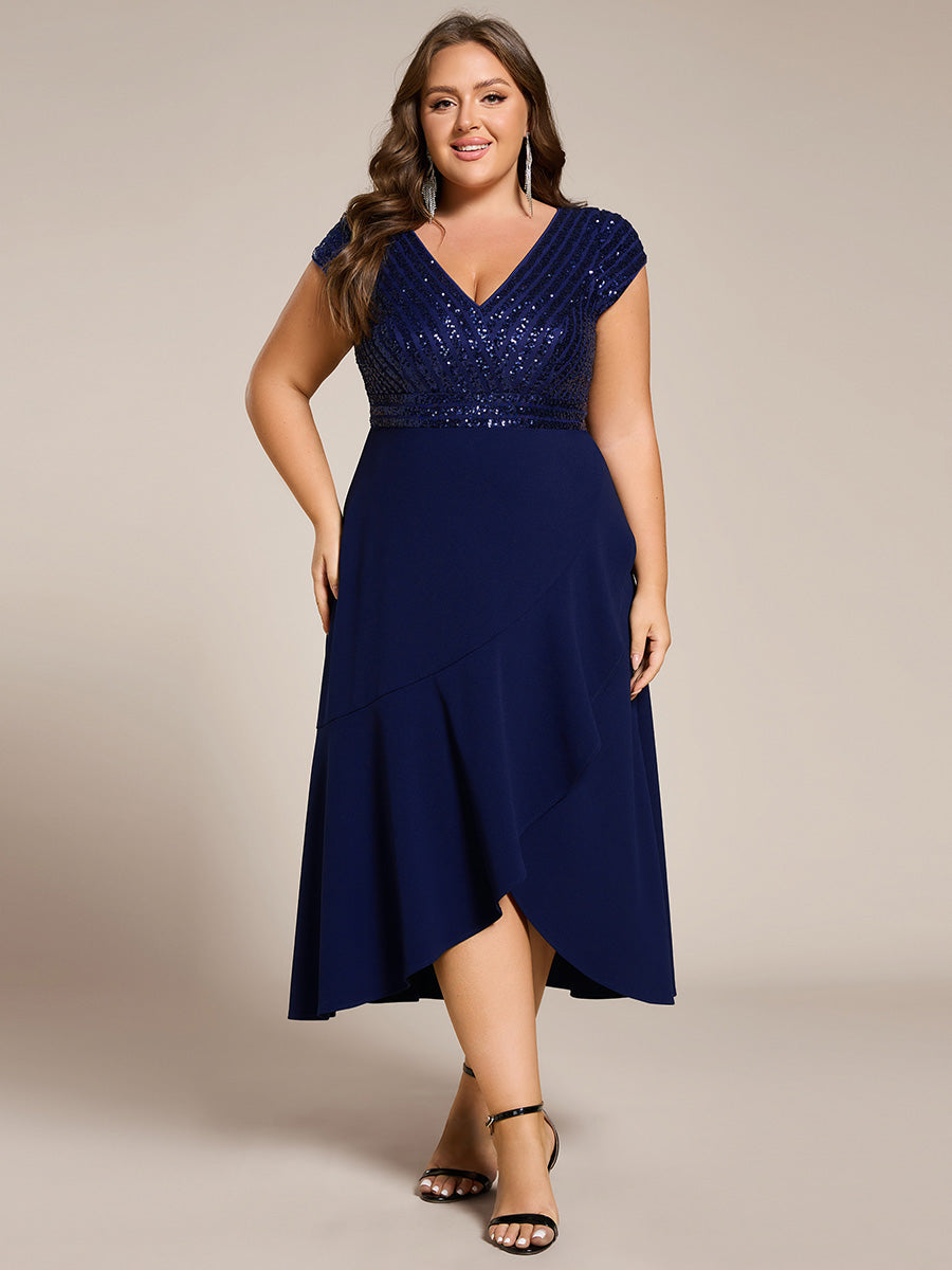 Hoch-Tief Pailletten Kleid Mit Tiefem V-Ausschnitt Und Asymmetrischem Saum Perfekt Für Partys Kleid #Farbe_Marineblau