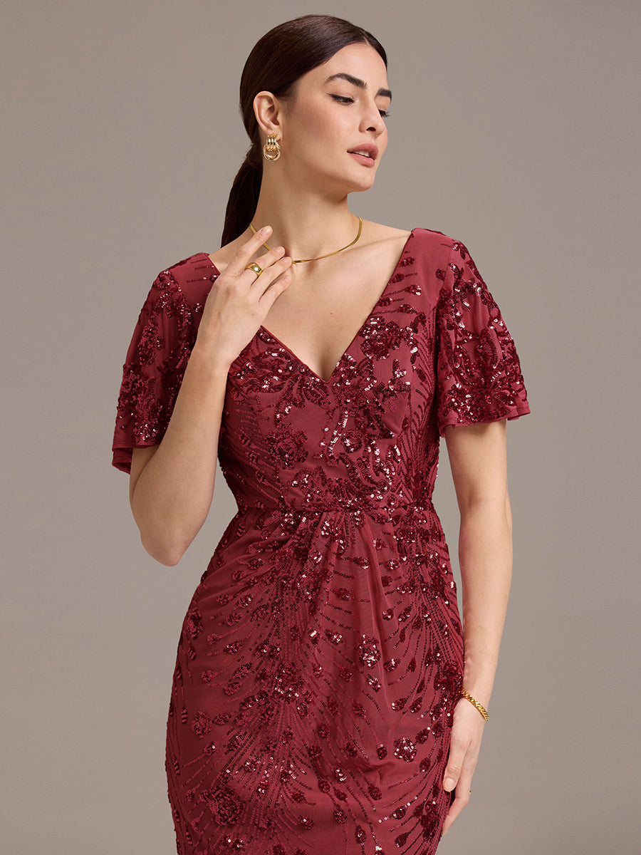 Maxi Und Knöchellange Tiefe V-Ausschnitt Meerjungfrau Pailletten Kleid Atemberaubende Eleganz Kleid #Farbe_Burgunderrot