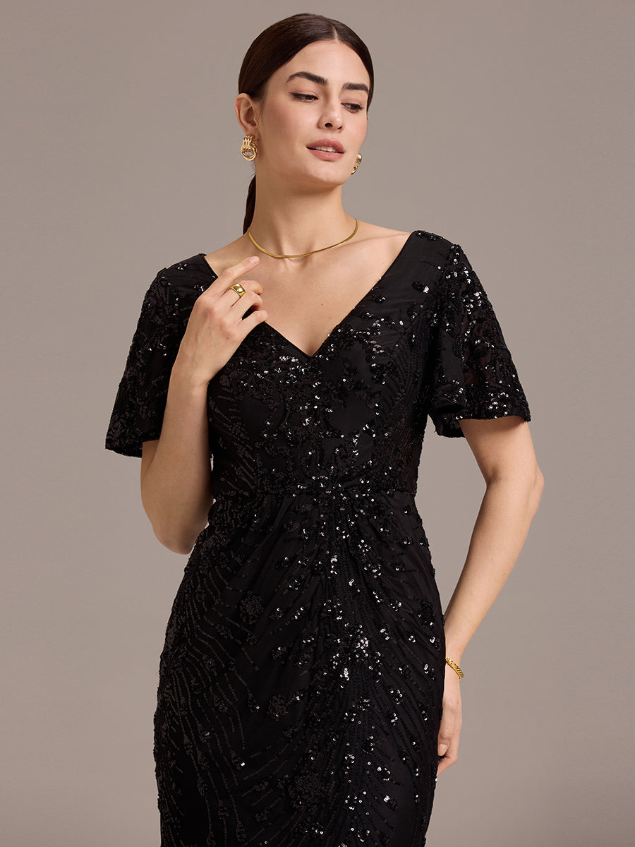 Maxi Und Knöchellange Tiefe V-Ausschnitt Meerjungfrau Pailletten Kleid Atemberaubende Eleganz Kleid #Farbe_Schwarz