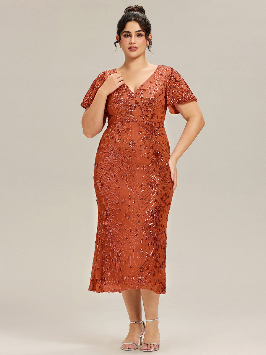 Maxi Und Knöchellange Tiefe V-Ausschnitt Meerjungfrau Pailletten Kleid Atemberaubende Eleganz Kleid #Farbe_Gebranntes Orange