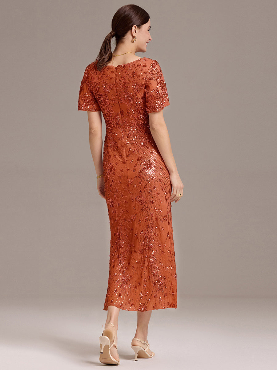 Maxi Und Knöchellange Tiefe V-Ausschnitt Meerjungfrau Pailletten Kleid Atemberaubende Eleganz Kleid #Farbe_Gebranntes Orange