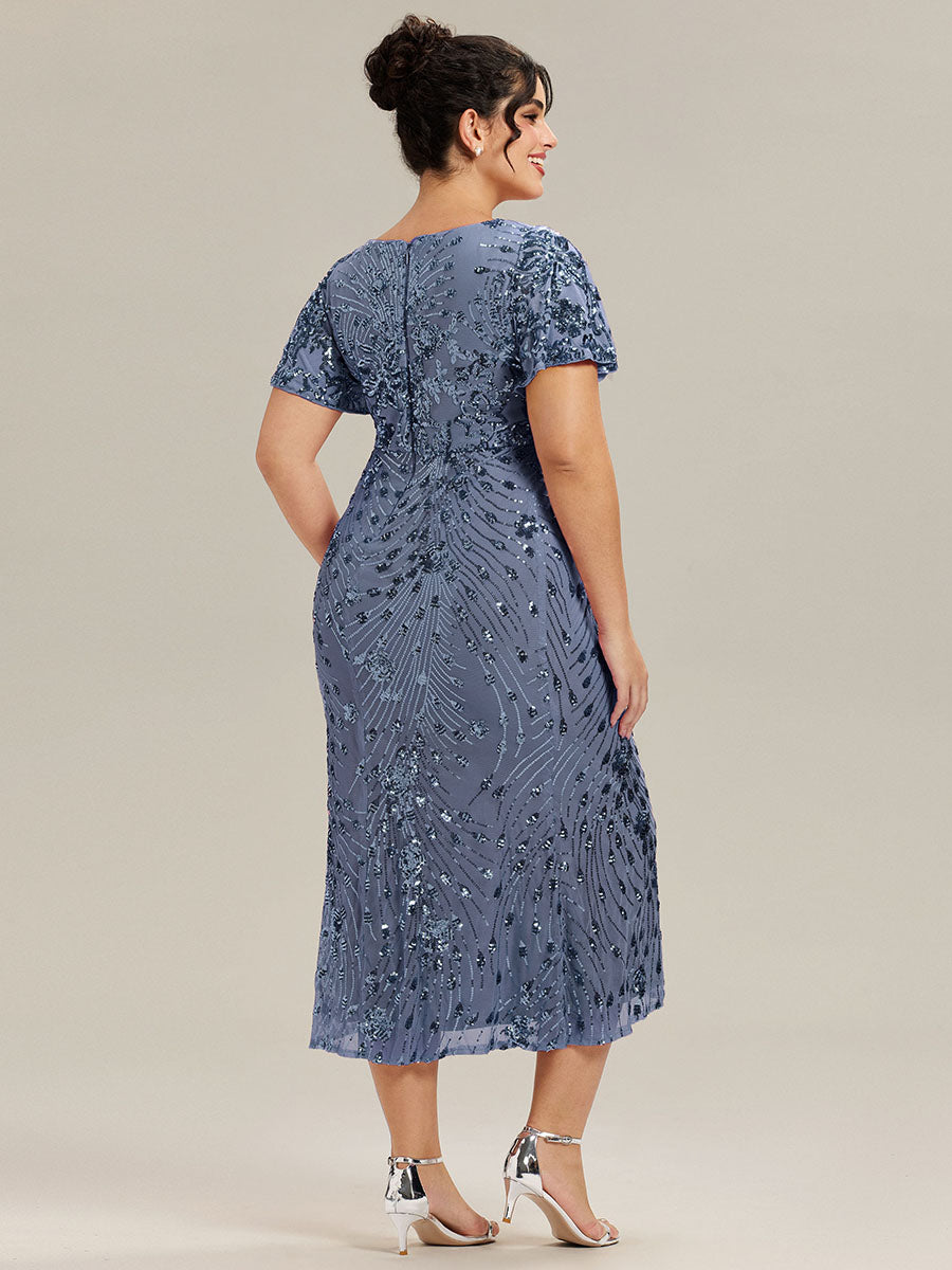 Maxi Und Knöchellange Tiefe V-Ausschnitt Meerjungfrau Pailletten Kleid Atemberaubende Eleganz Kleid #Farbe_Taubenblau