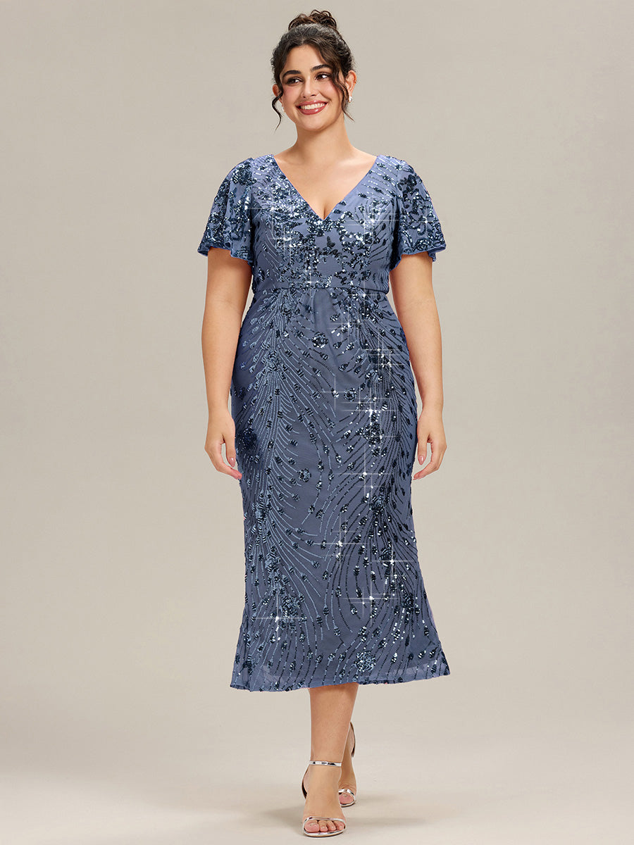 Maxi Und Knöchellange Tiefe V-Ausschnitt Meerjungfrau Pailletten Kleid Atemberaubende Eleganz Kleid #Farbe_Taubenblau